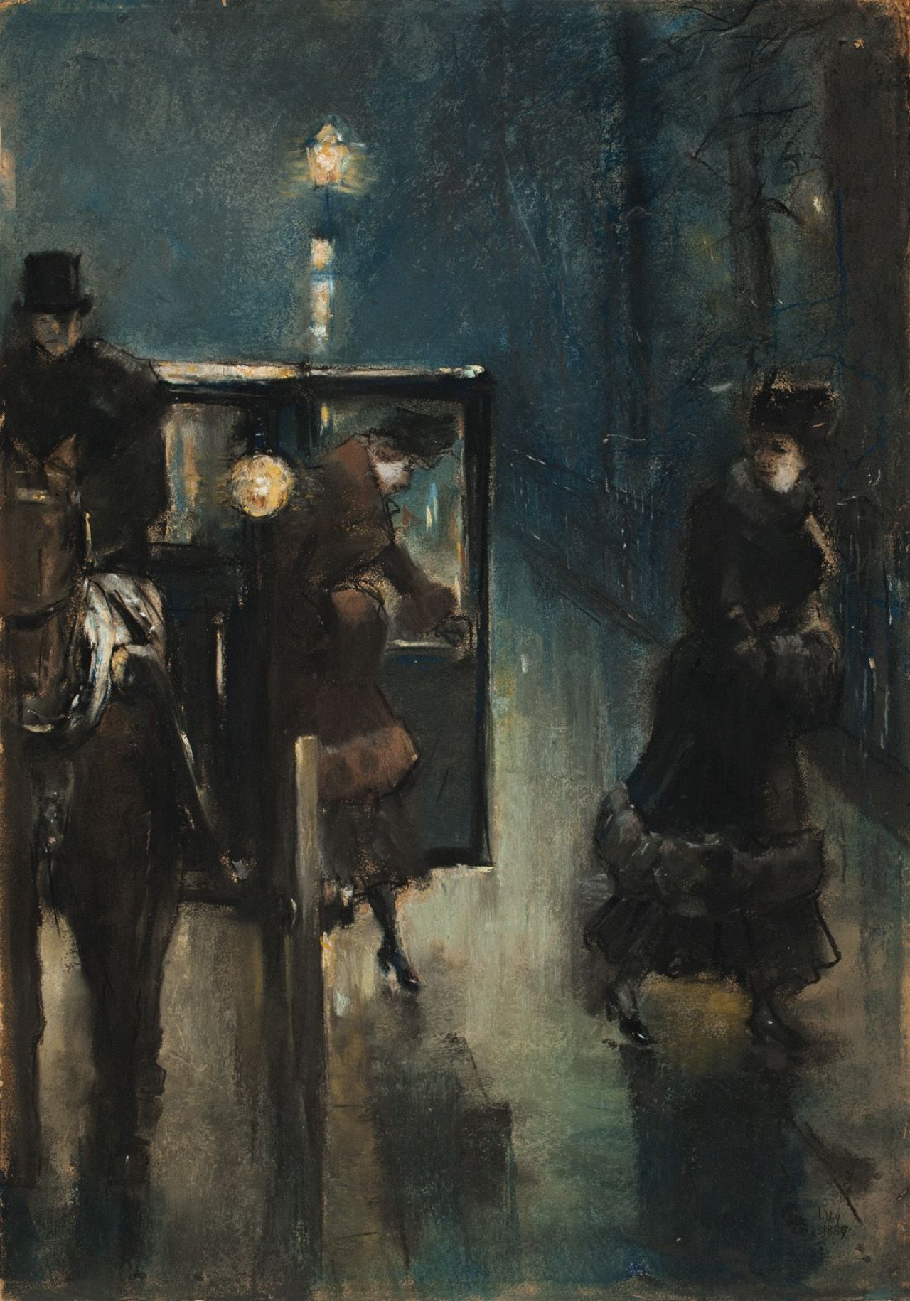 Auf diesem Bild ist das folgende Kunstwerk zu sehen: Lesser Ury. „Nächtliche Straßenszene, Berlin (Bellevuestraße?)“. 1889.