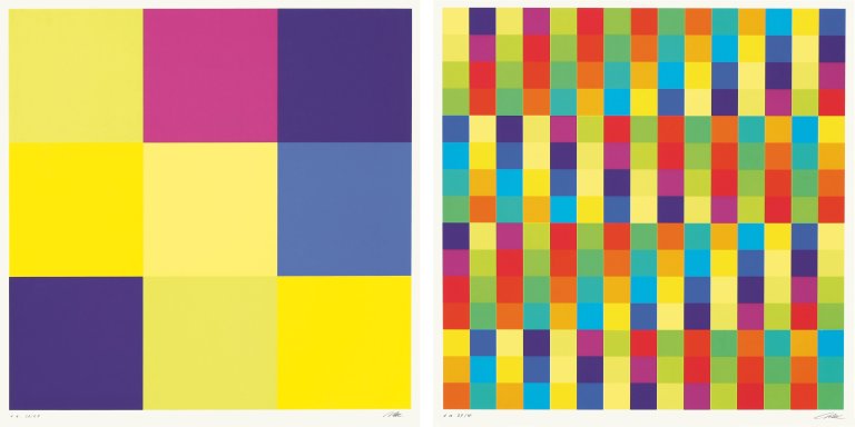 Auf diesem Bild ist das folgende Kunstwerk zu sehen: Richard Paul Lohse. „Konstellation mit Eckpositionen“ / „Fünfzehn ineinandergehende systematische Farbreihen in vier Gruppen“. 1975.