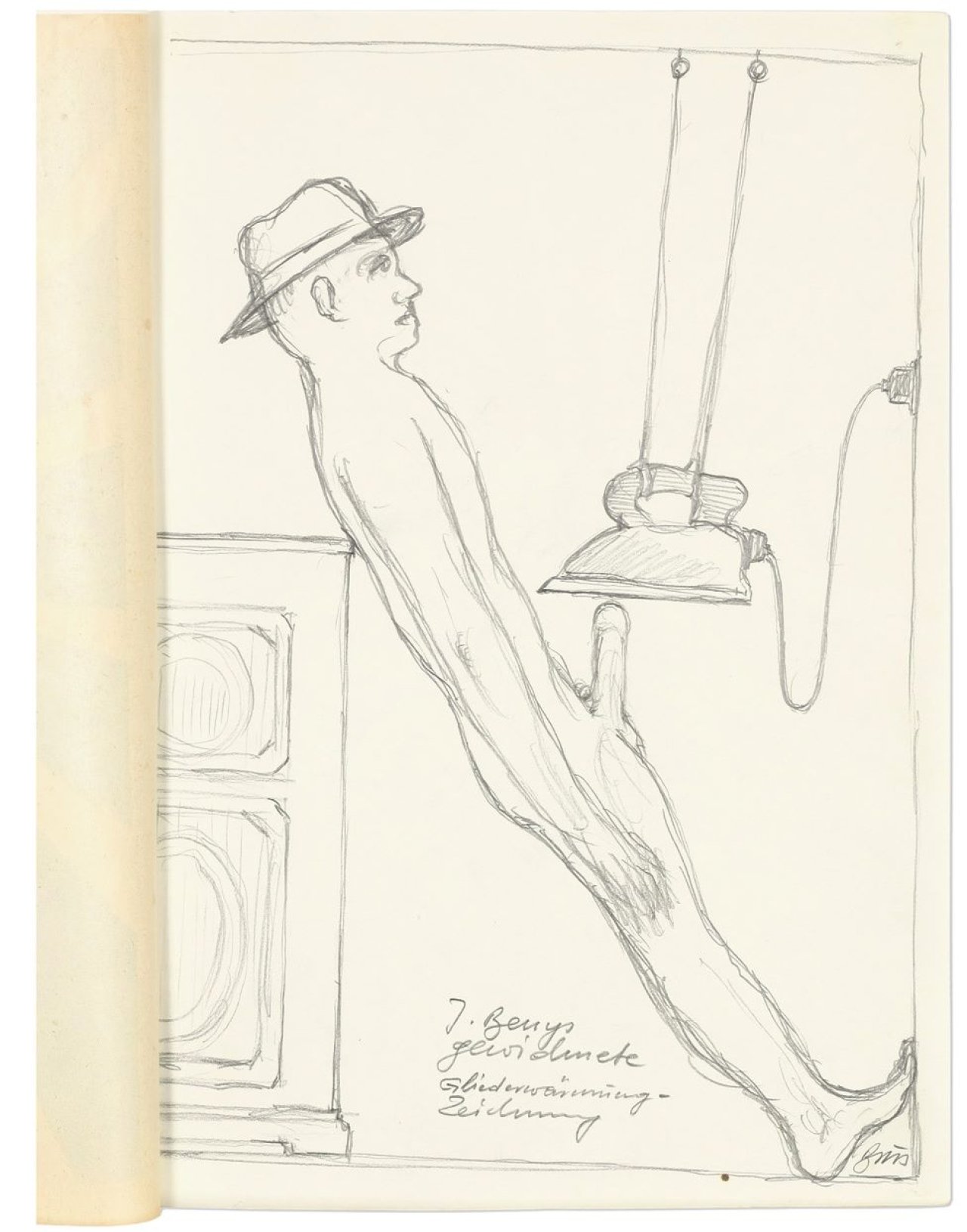 Auf diesem Bild ist das folgende Kunstwerk zu sehen: Günter Brus. „J. Beuys gewidmete Gliederwärmung-Zeichnung“, in: Die Schastrommel. 1970.