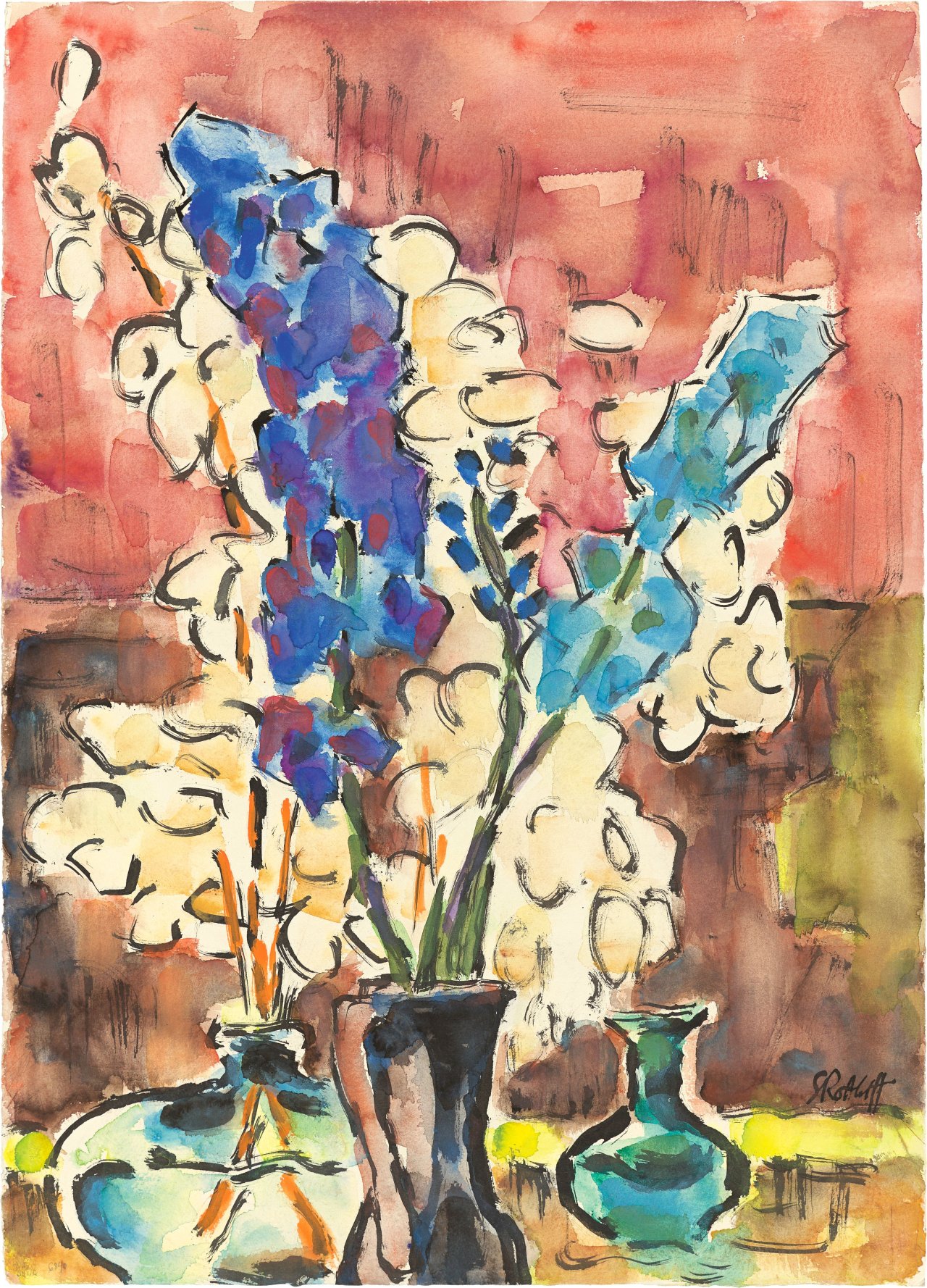 Auf diesem Bild ist das folgende Kunstwerk zu sehen: Karl Schmidt-Rottluff. „Rittersporn und Judassilberlinge“. 1968.