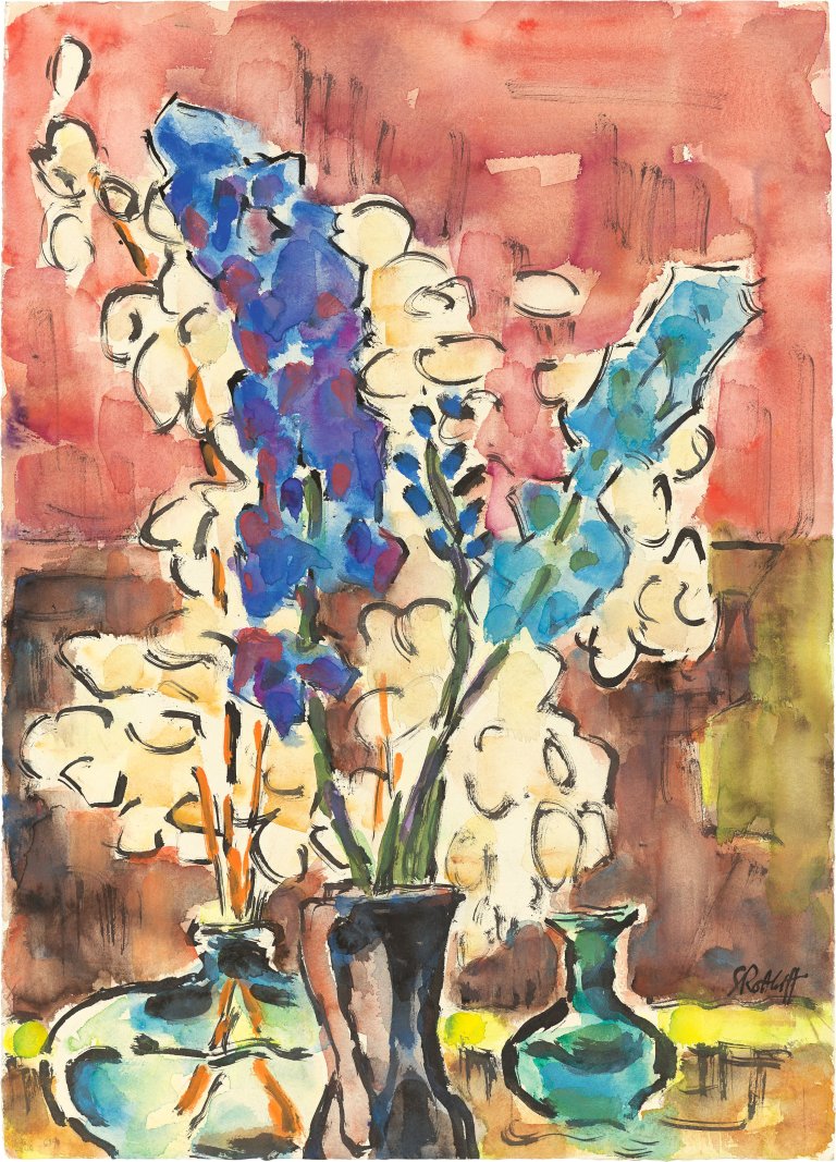 Auf diesem Bild ist das folgende Kunstwerk zu sehen: Karl Schmidt-Rottluff. „Rittersporn und Judassilberlinge“. 1968.