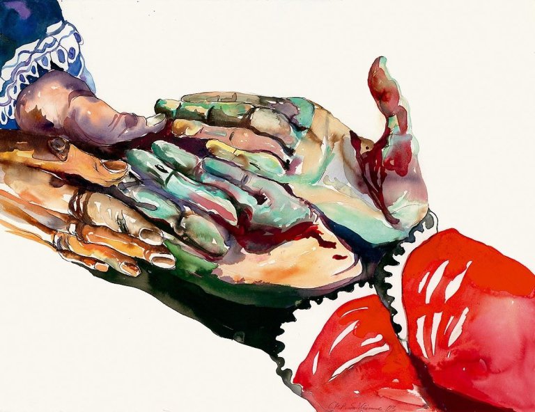 Auf diesem Bild ist das folgende Kunstwerk zu sehen: Cornelia Schleime. Die Hände in Unschuld waschen III. 2003.
