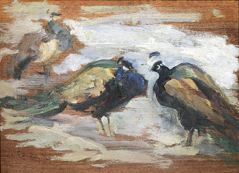 Auf diesem Bild ist das folgende Kunstwerk zu sehen: Leo von König. „Drei Pfauen im Schnee“. Um 1923.