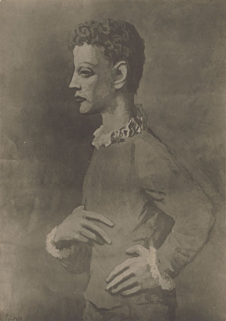 Auf diesem Bild ist das folgende Kunstwerk zu sehen:  Man Ray. Reproduktion des Gemäldes ,Saltimbanque en Profile’, 1905 von Pablo Picasso. Frühe 1920er Jahre.
