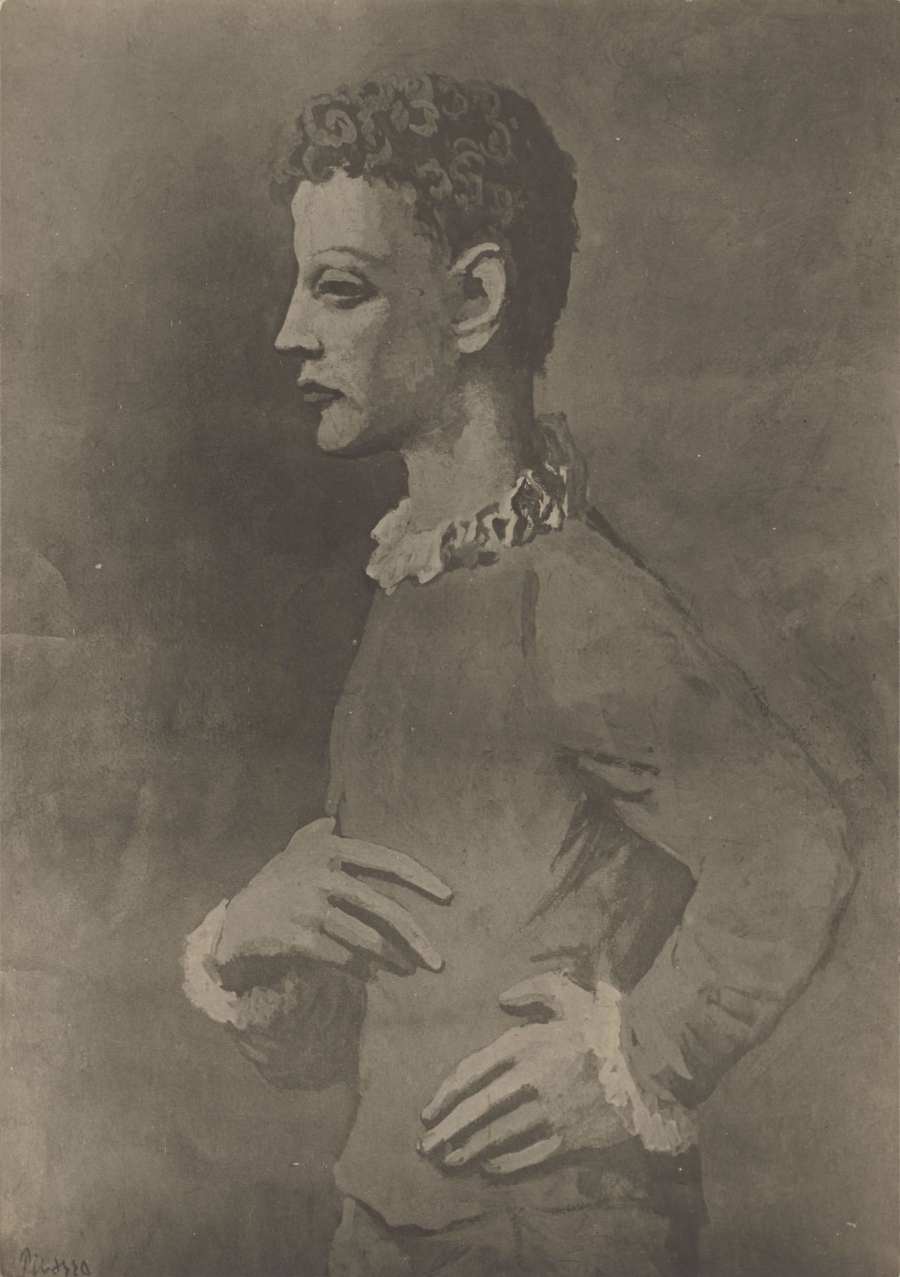 Auf diesem Bild ist das folgende Kunstwerk zu sehen:  Man Ray. Reproduktion des Gemäldes ,Saltimbanque en Profile’, 1905 von Pablo Picasso. Frühe 1920er Jahre.