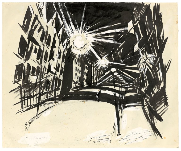 Auf diesem Bild ist das folgende Kunstwerk zu sehen: Ludwig Meidner. Berliner Straße bei Nacht. 1913.