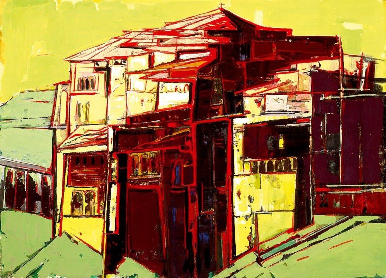 Auf diesem Bild ist das folgende Kunstwerk zu sehen: Max Kaus. Toskanische Stadt. 1955.