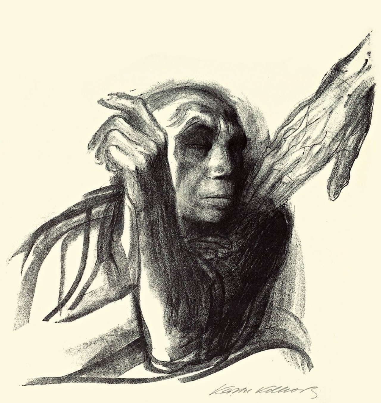 Auf diesem Bild ist das folgende Kunstwerk zu sehen: Käthe Kollwitz. „Ruf des Todes“. Wohl 1937.
