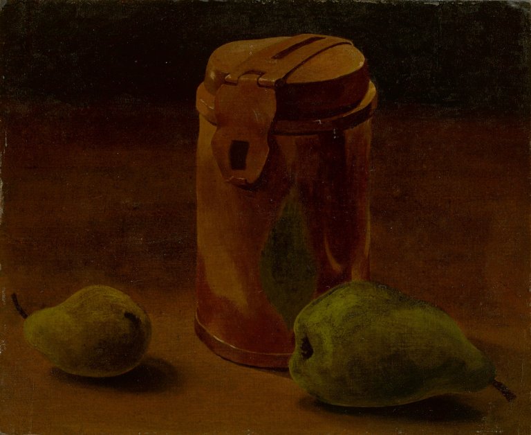 Auf diesem Bild ist das folgende Kunstwerk zu sehen: Franz Lenk. „Stilleben mit kupferner Sparbüchse“. 1922.