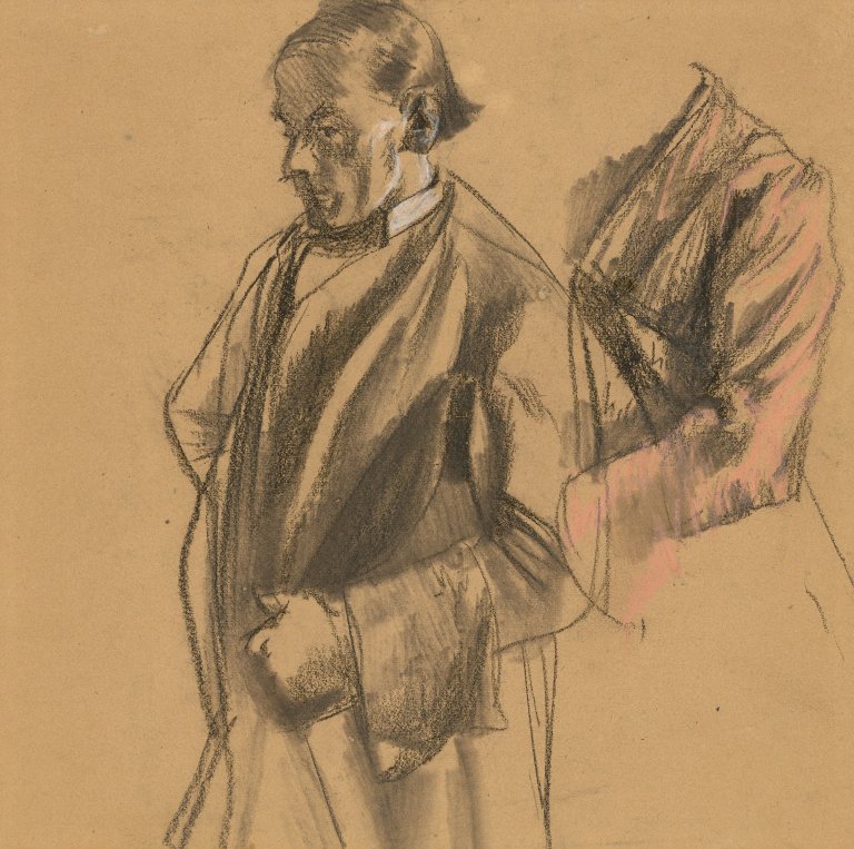 Auf diesem Bild ist das folgende Kunstwerk zu sehen: Adolph Menzel. Mann in mittleren Jahren mit Hut, nach links gewendet, und Gewandstudie.