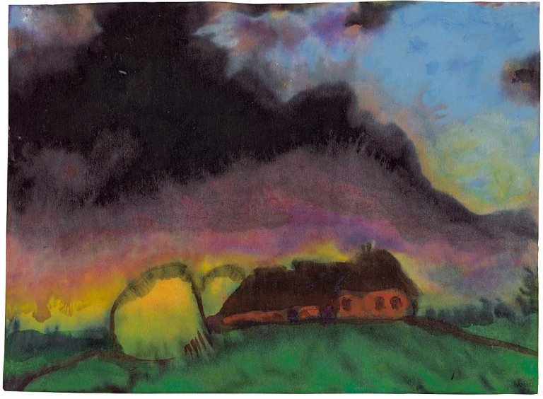 This picture shows the following artwork: Emil Nolde. „Marschlandschaft (mit Bauernhof unter dunklen Wolken)“. Um 1920/25.