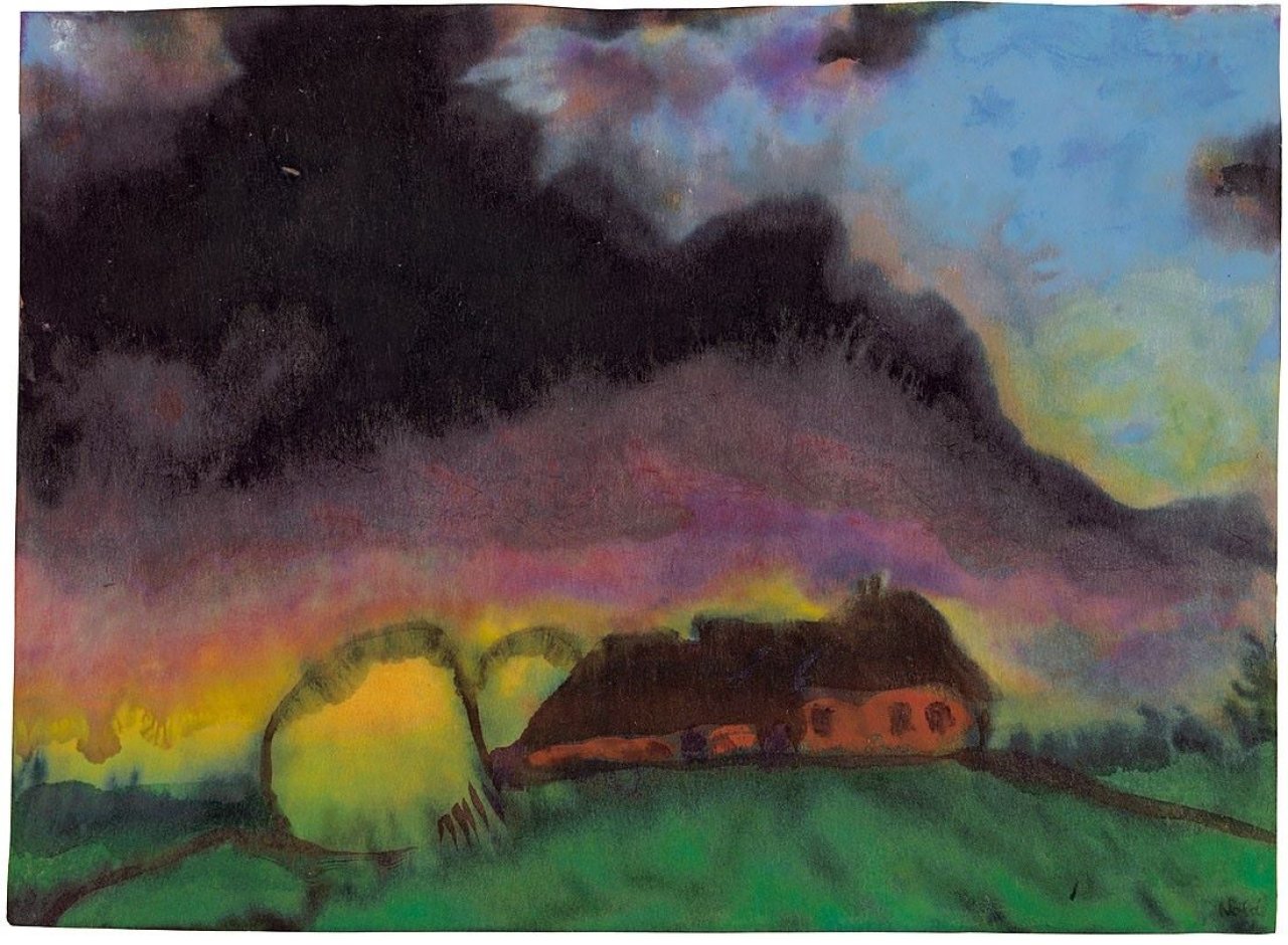 This picture shows the following artwork: Emil Nolde. „Marschlandschaft (mit Bauernhof unter dunklen Wolken)“. Um 1920/25.