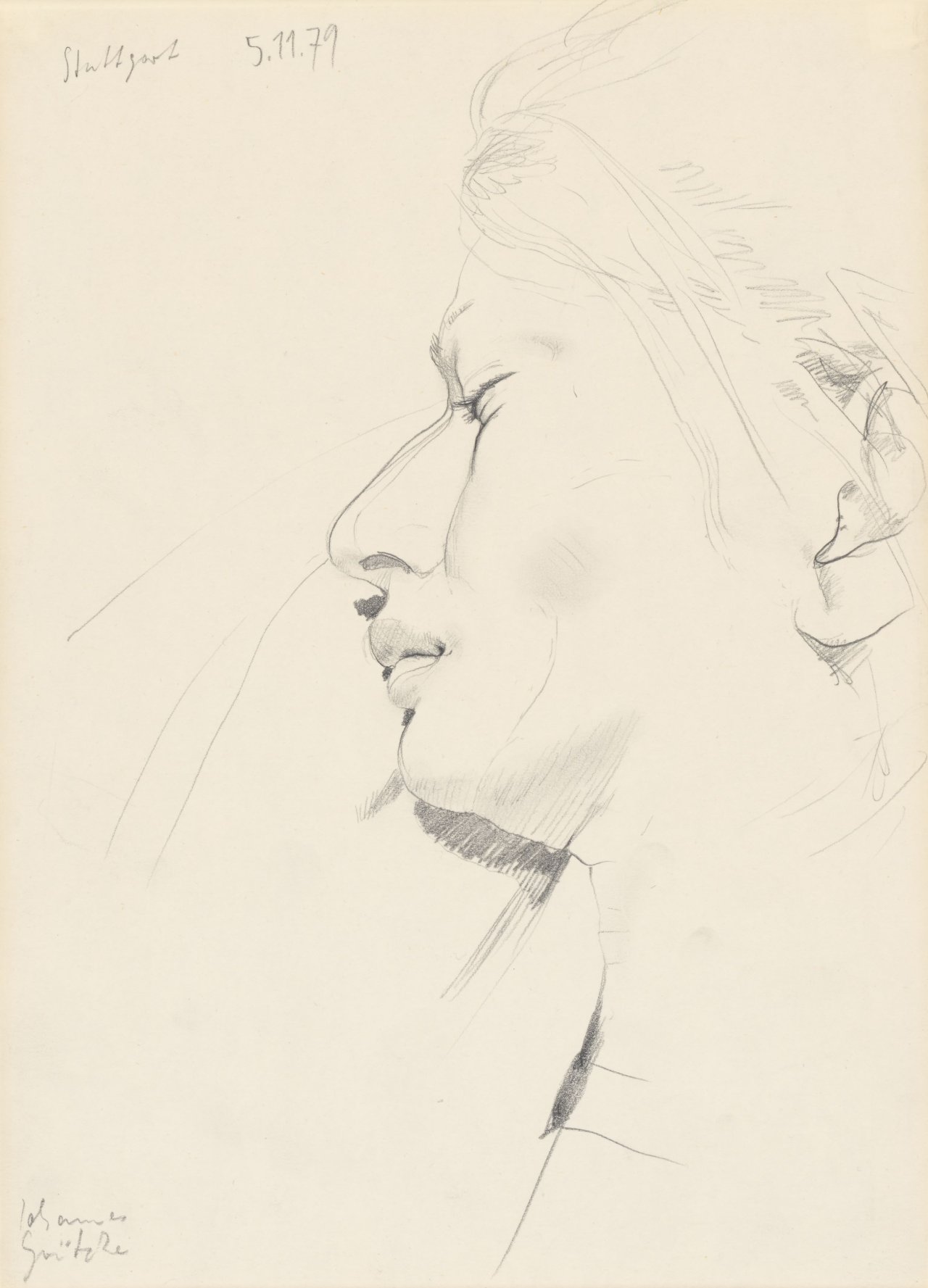 This picture shows the following artwork: Johannes Grützke. Portrait of sleeping woman in profile to the left. 1979.