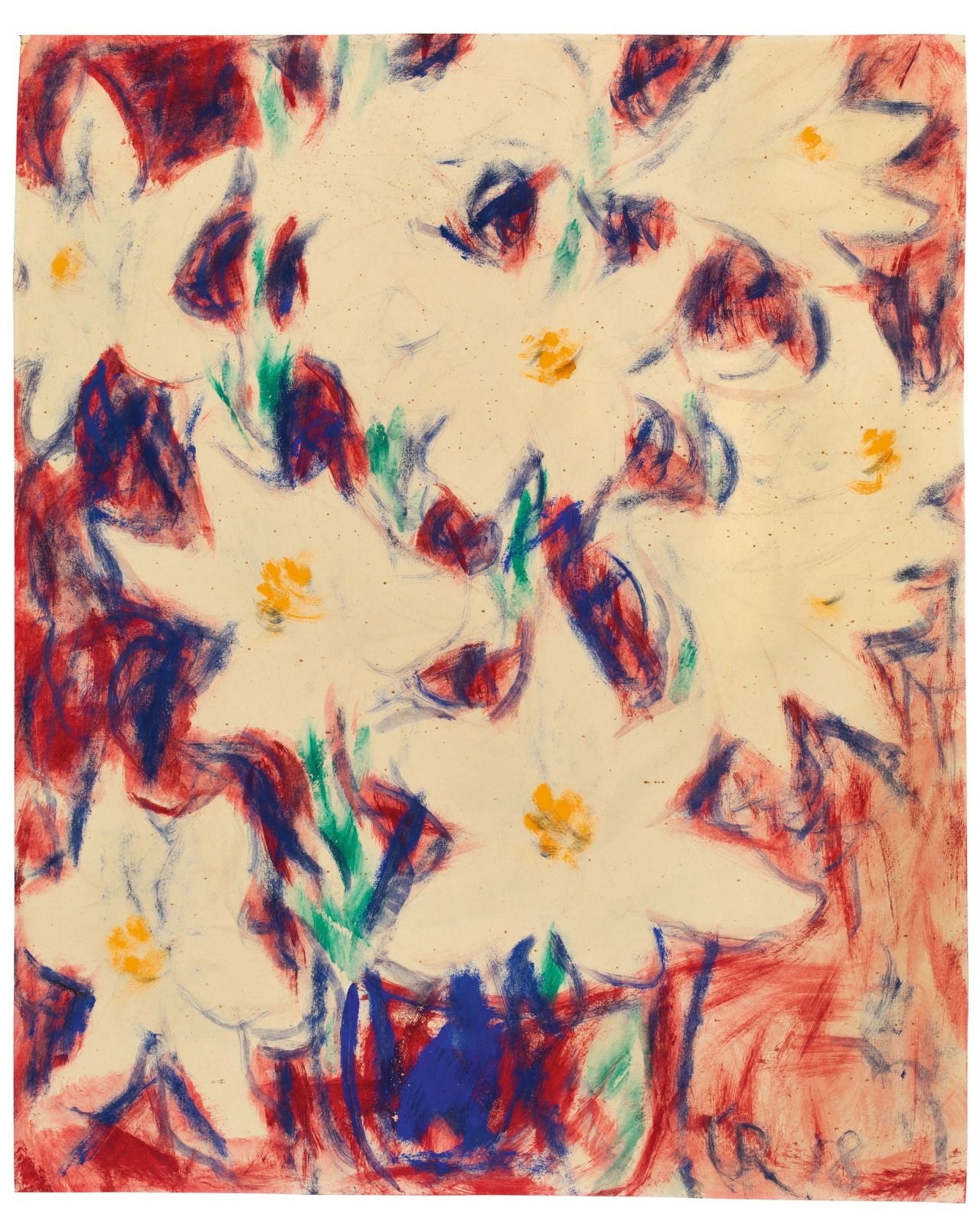 Auf diesem Bild ist das folgende Kunstwerk zu sehen: Christian Rohlfs. „Lilien auf rotem Grund“. 1918.