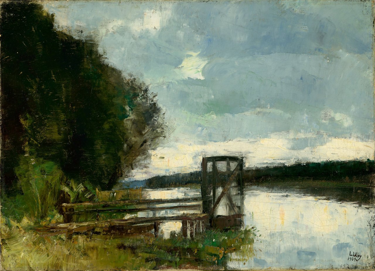 Auf diesem Bild ist das folgende Kunstwerk zu sehen: Lesser Ury. „Bootsanleger am Fluss“. 1909.
