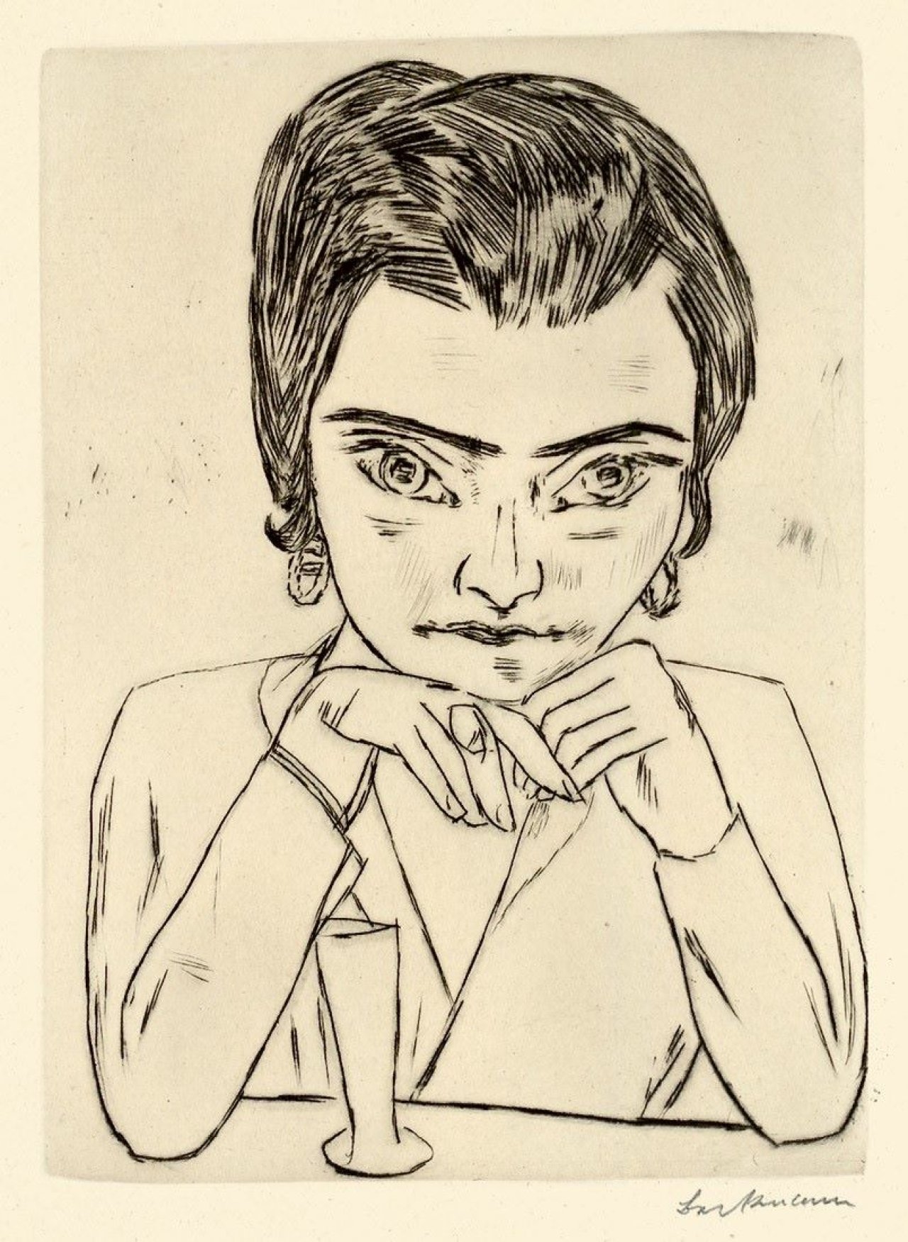 Auf diesem Bild ist das folgende Kunstwerk zu sehen: Max Beckmann. „Bildnis Naila mit aufgestützten Armen und Glas“. 1923.