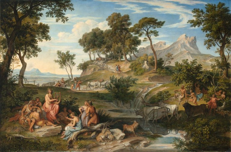 Auf diesem Bild ist das folgende Kunstwerk zu sehen: Joseph Anton Koch. „Landschaft mit Apoll unter den Hirten“. Um 1836.