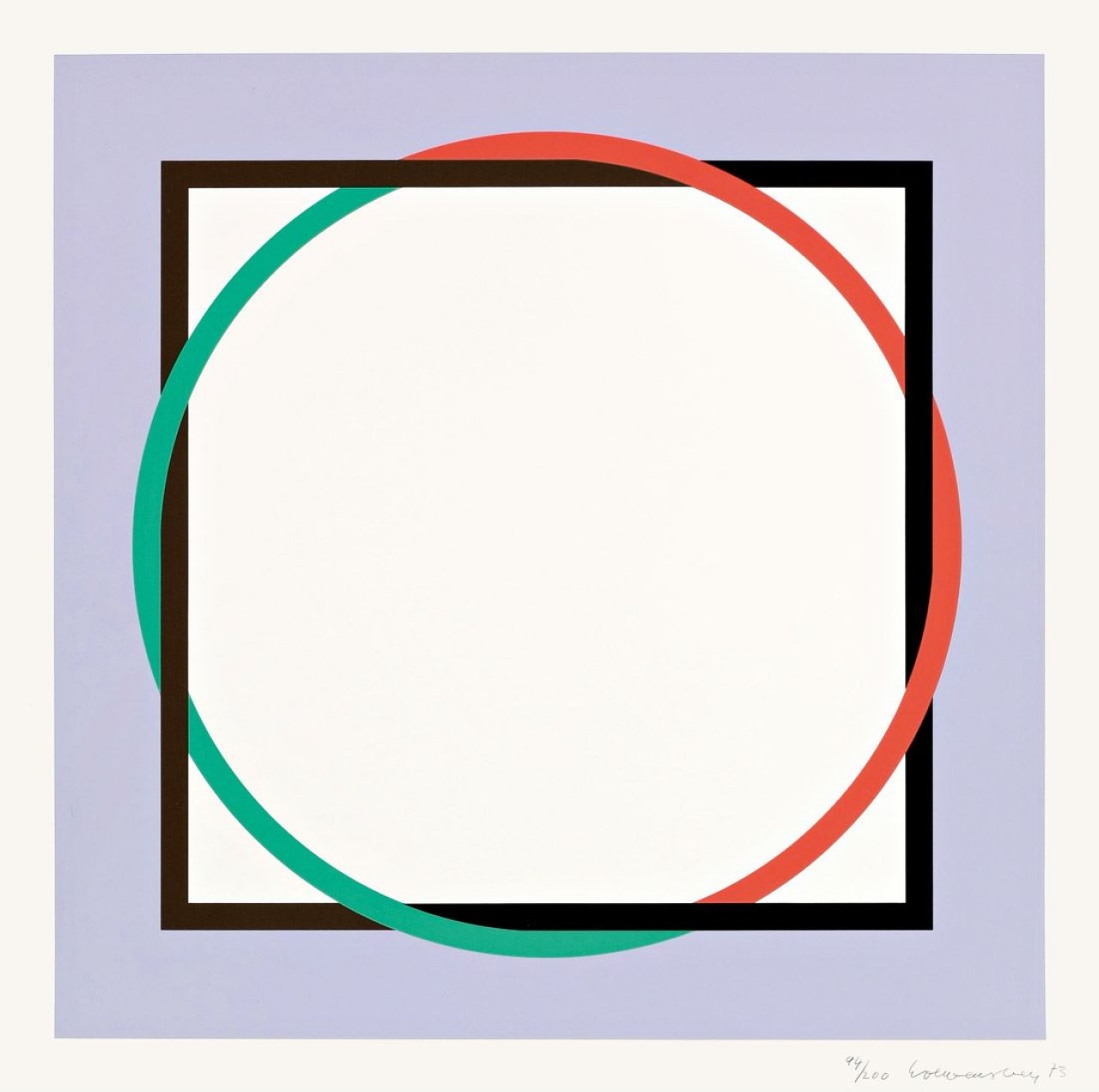 Auf diesem Bild ist das folgende Kunstwerk zu sehen: Verena Loewensberg. „Kreiskomposition im Quadrat“ / „Komposition“. 1973.