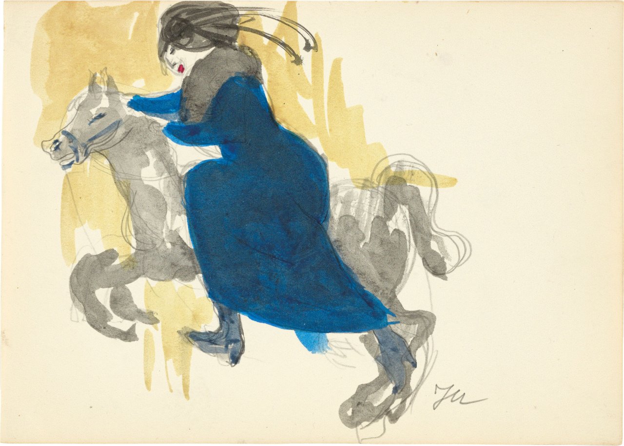 Auf diesem Bild ist das folgende Kunstwerk zu sehen: Jeanne Mammen. Frau mit Pferd. Um 1910/14.