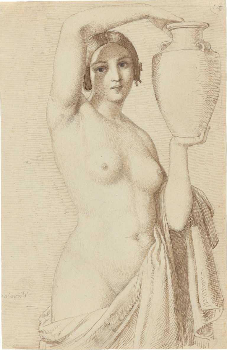 Auf diesem Bild ist das folgende Kunstwerk zu sehen: August Lucas. Weiblicher Halbakt mit Amphore. Um 1829.