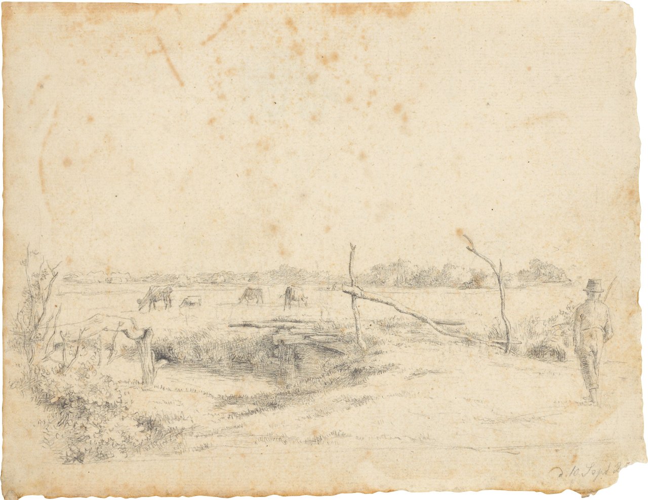Catalog image of Norddeutsche Landschaft mit Wanderer (Künstlerspaziergang?) (+ 4 Beigaben). Um 1824