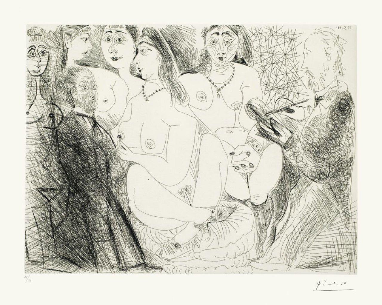 Auf diesem Bild ist das folgende Kunstwerk zu sehen: Pablo Picasso. „Degas, en jaquette, se dessinant lui-même, en habit, chez les filles“. 1971.