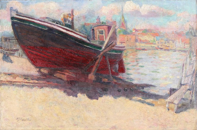 Auf diesem Bild ist das folgende Kunstwerk zu sehen: Conrad Felixmüller. „Flensburg, Fischerhafen, das frisch gestrichene Boot“. 1947.