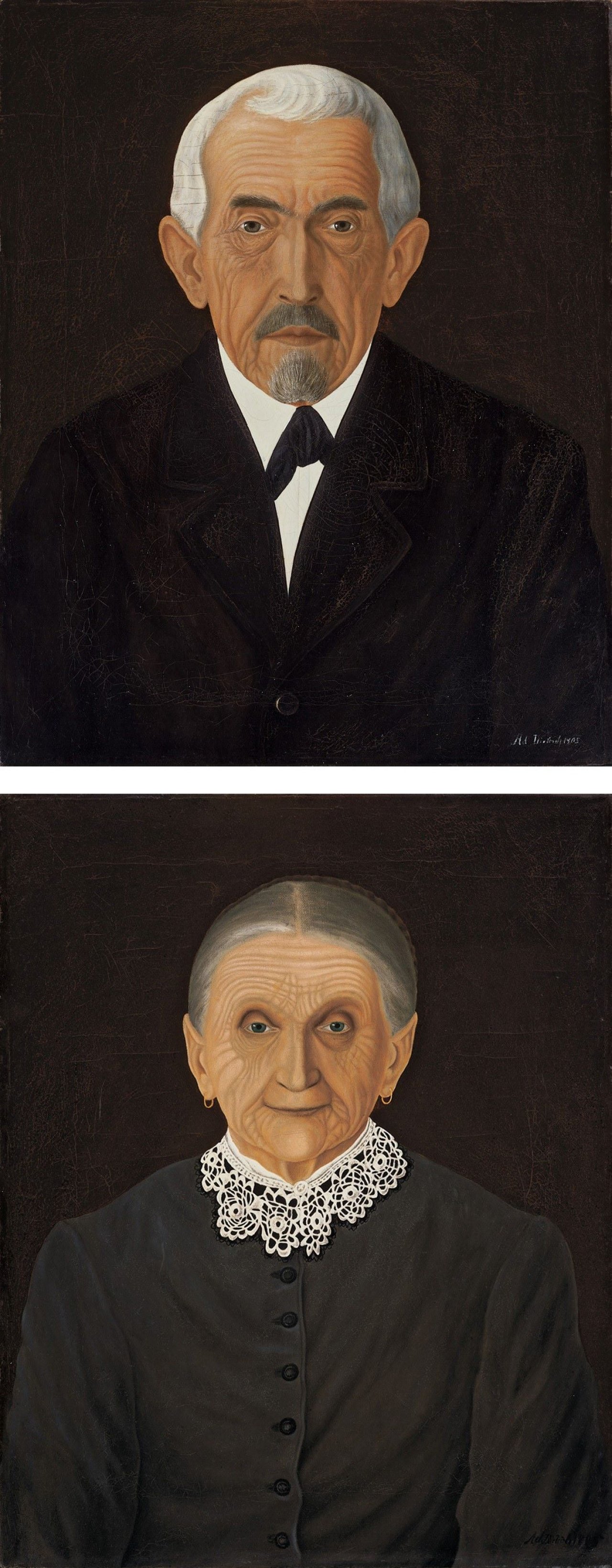 Auf diesem Bild ist das folgende Kunstwerk zu sehen: Adolf Dietrich. „Bildnis des Vaters“ / „Bildnis der Mutter“. 1905.