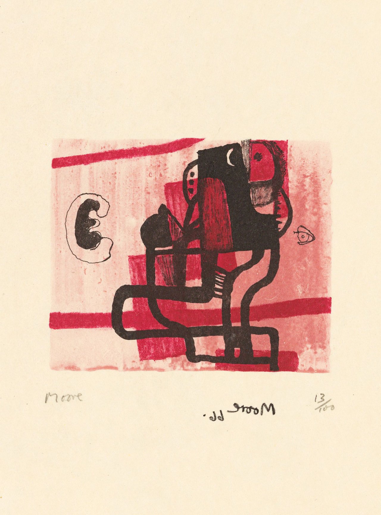 Auf diesem Bild ist das folgende Kunstwerk zu sehen: Henry Moore. „Black Figure on pink background“. 1967.