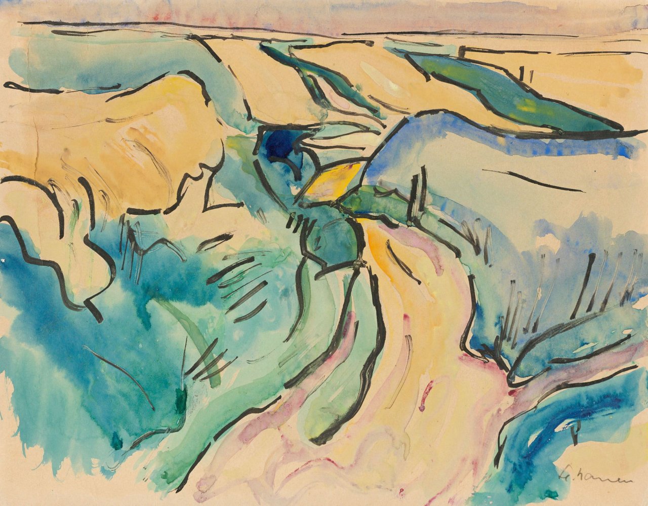This picture shows the following artwork: Heinrich Nauen. Hügelige Landschaft mit Weg bei Visé. Circa 1910.