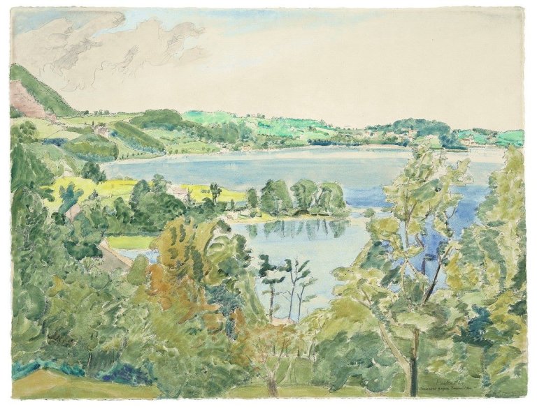 Auf diesem Bild ist das folgende Kunstwerk zu sehen: Erich Heckel. „Traunsee gegen Gmunden“. 1942.