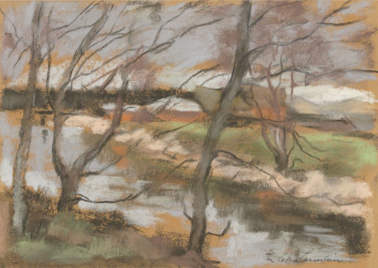 Auf diesem Bild ist das folgende Kunstwerk zu sehen: Lotte Laserstein. Landschaft mit Bäumen. Ende 1950er Jahre/ Anfang 1960er-Jahre.