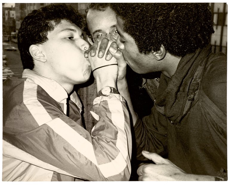 This picture shows the following artwork: Andy Warhol. Keith Haring, Jean-Michel Basquiat and Friend. 1984.