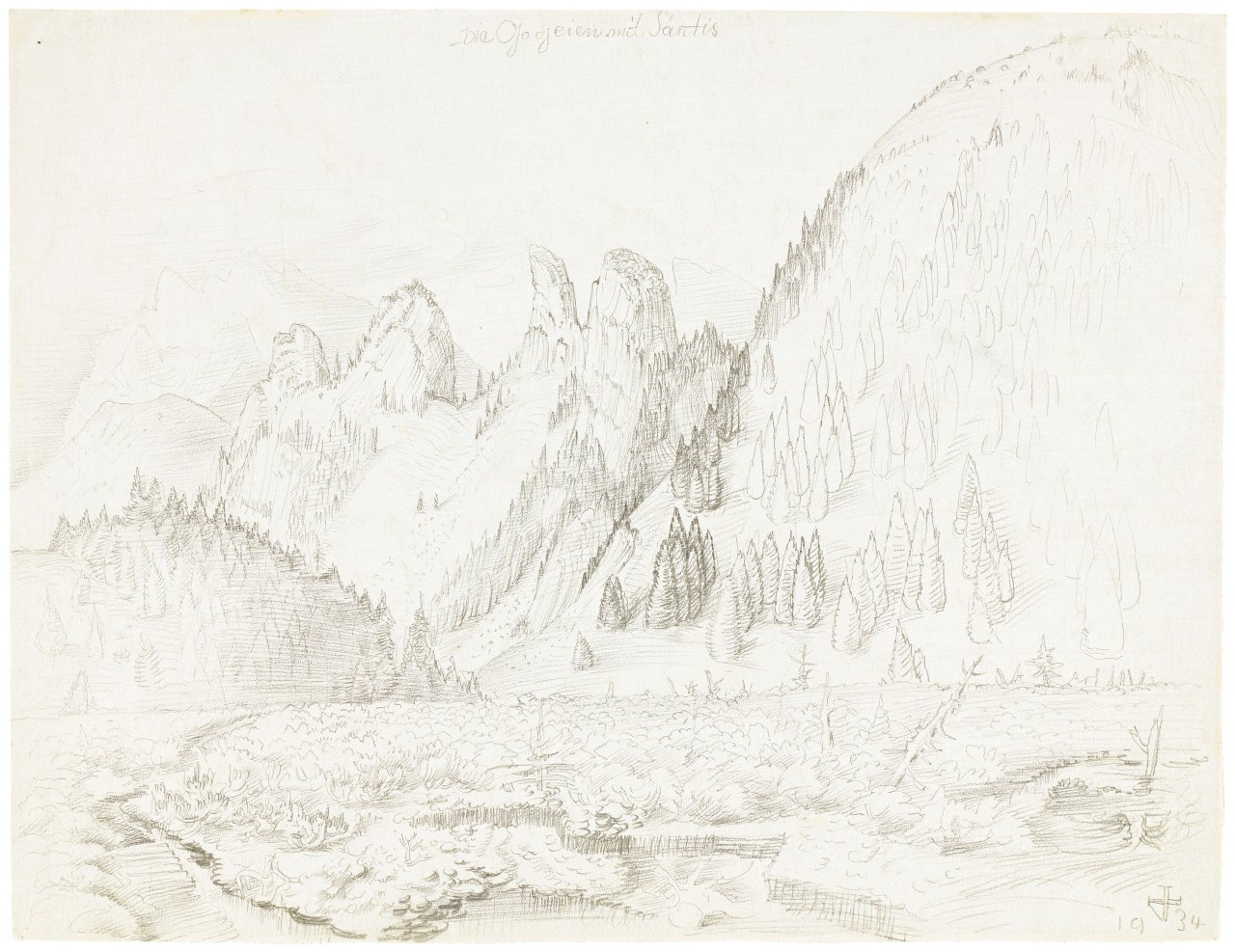 Auf diesem Bild ist das folgende Kunstwerk zu sehen: Otto Dix. „Goggeien mit dem Säntis“ („Die Gogeien mit Säntis“). 1934.