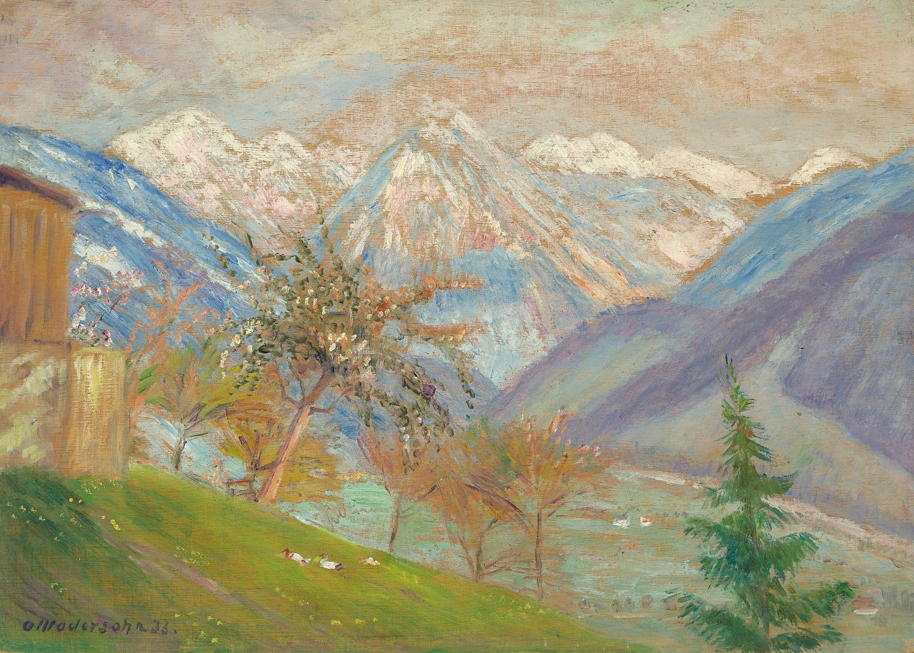 Auf diesem Bild ist das folgende Kunstwerk zu sehen: Otto Modersohn. „Frühling vom Gängele (Balkon am Gailenberger Wohnhaus) - Blick in das Ostrachtal mit der Hintersteiner Bergkette“. 1933.