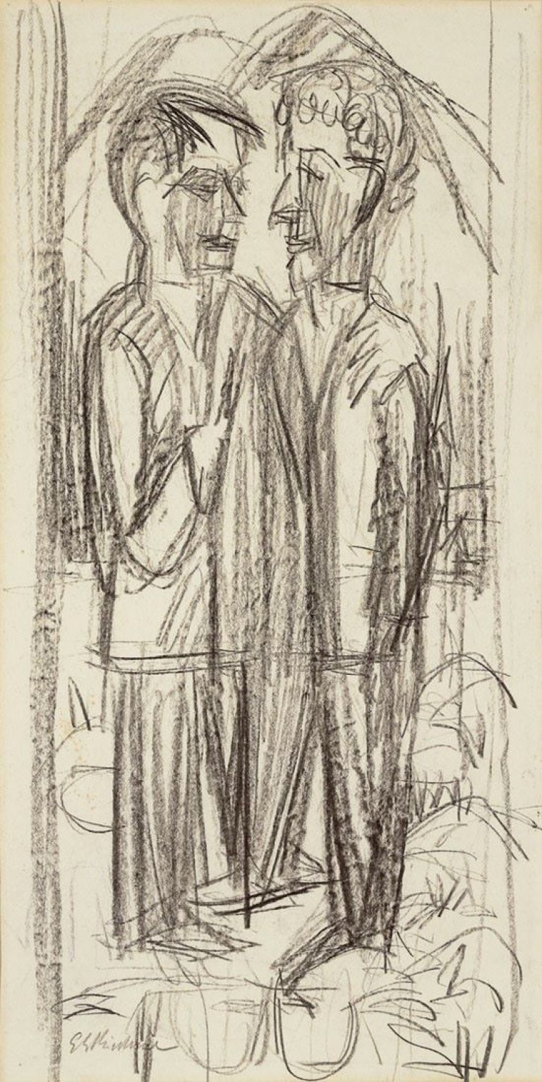 Auf diesem Bild ist das folgende Kunstwerk zu sehen: Ernst Ludwig Kirchner. Die Freunde Müller und Scherer (doppelseitiges Studienblatt). 1924.