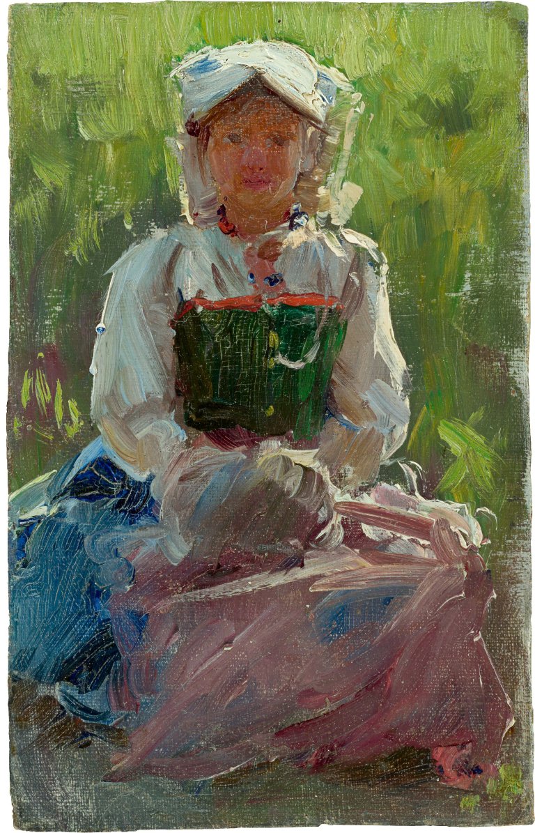 Auf diesem Bild ist das folgende Kunstwerk zu sehen: Deutsch, um 1900. Mädchen in Tracht auf der Wiese.