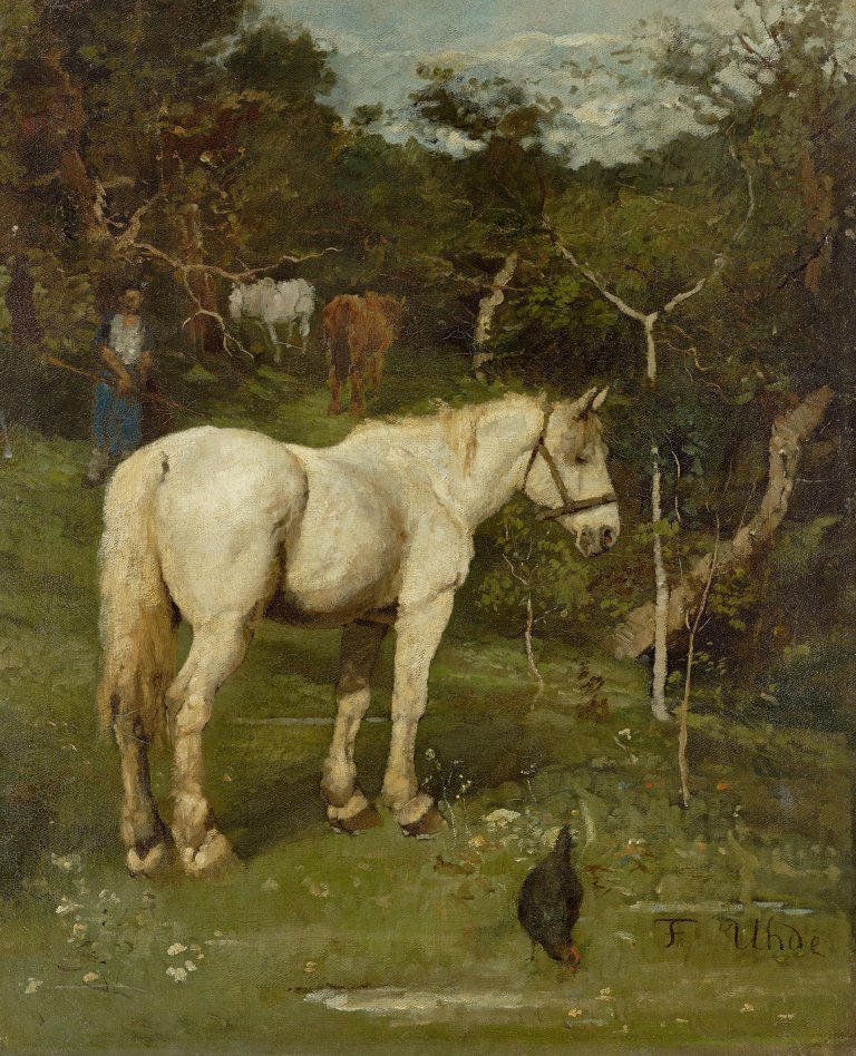 Auf diesem Bild ist das folgende Kunstwerk zu sehen: Fritz von Uhde. Ein Schimmel. 1880.