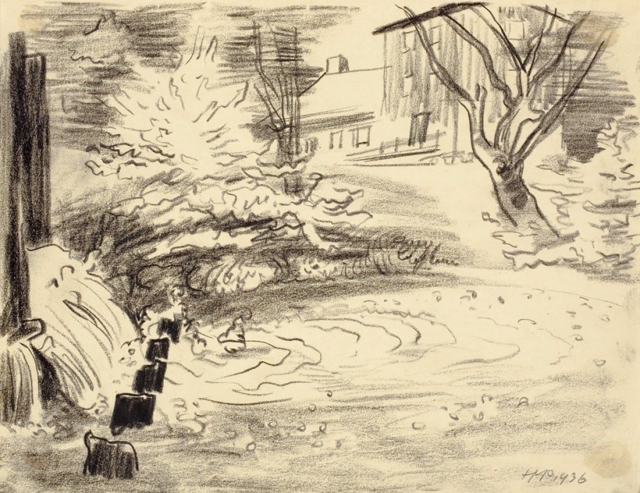 Auf diesem Bild ist das folgende Kunstwerk zu sehen: Max Pechstein. Häuser am Wehr. 1936.