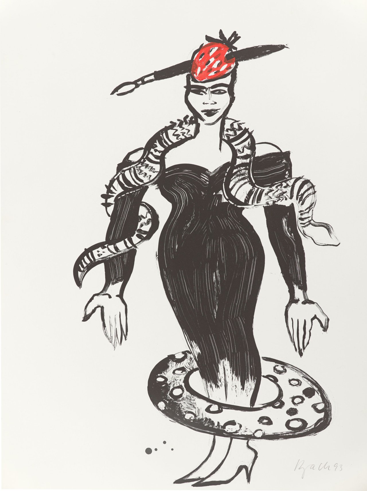 Auf diesem Bild ist das folgende Kunstwerk zu sehen: Elvira Bach. Mit Schlange und Pinsel. 1993.