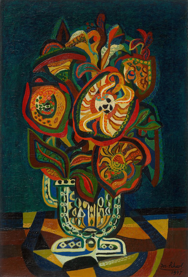 Auf diesem Bild ist das folgende Kunstwerk zu sehen: Josef Scharl. „Tigerblumen in Vase“. 1947.