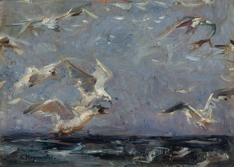 Auf diesem Bild ist das folgende Kunstwerk zu sehen: Karl Hagemeister. „Möwenschwarm an der Ostsee“. Um 1914.