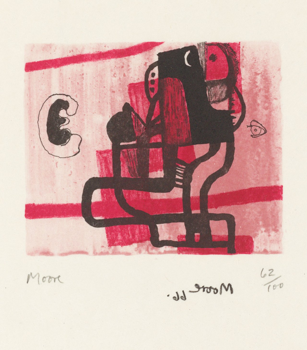 Auf diesem Bild ist das folgende Kunstwerk zu sehen: Henry Moore. „Black figure on pink background“. 1967.
