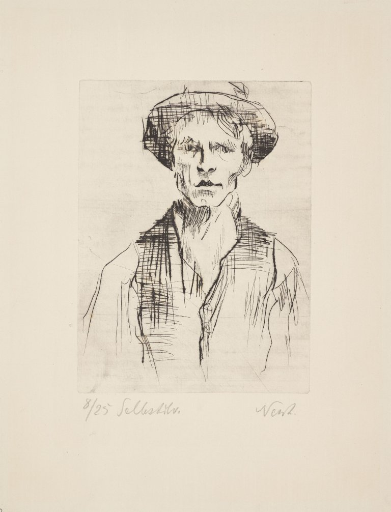 Auf diesem Bild ist das folgende Kunstwerk zu sehen: Rolf Nesch. „Selbstbildnis (Selbstbildnis mit Hut)“. 1923.