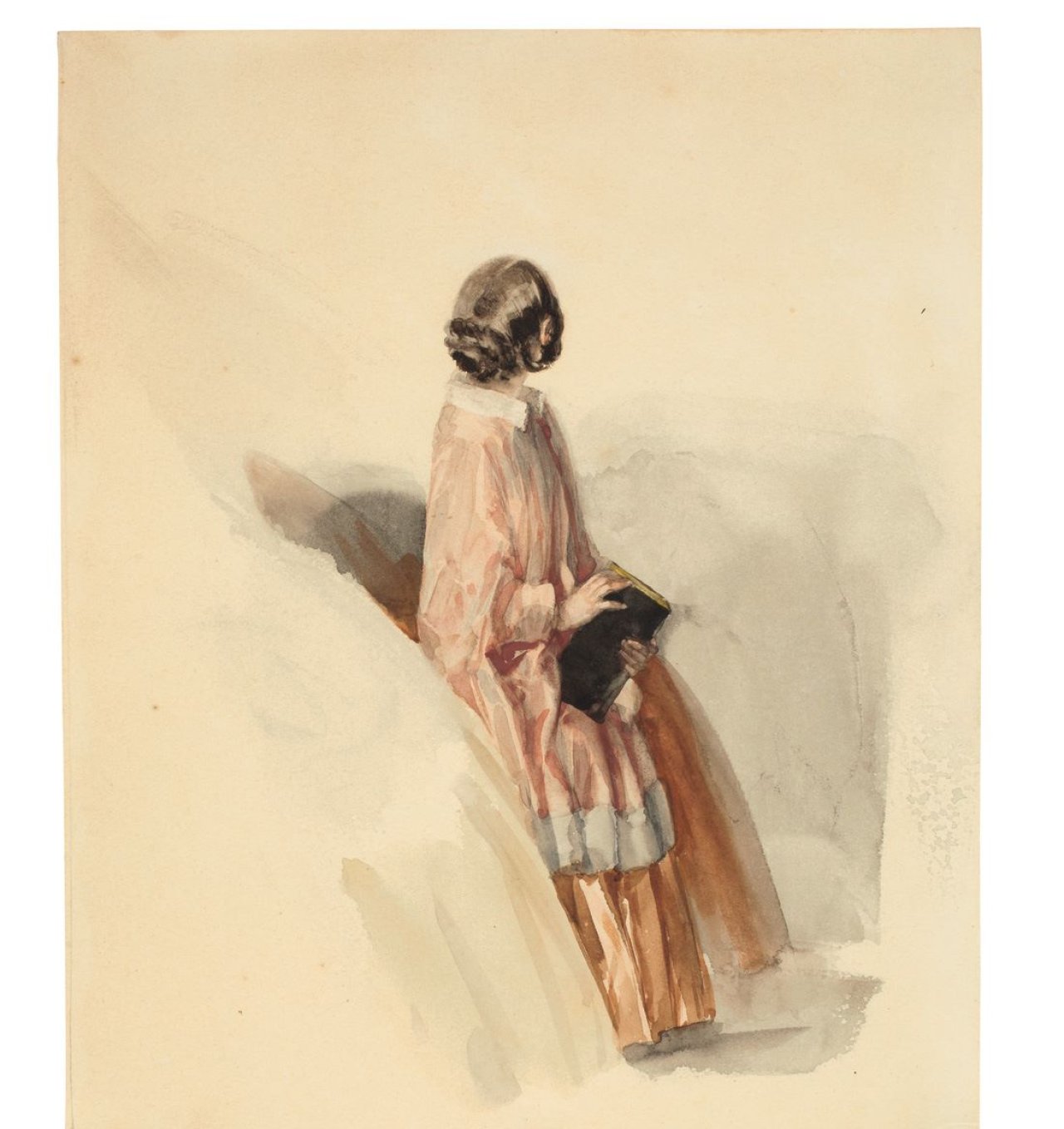 Auf diesem Bild ist das folgende Kunstwerk zu sehen: Adolph Menzel. Junge Frau im Biedermeierkleid. (Vor) 1850.