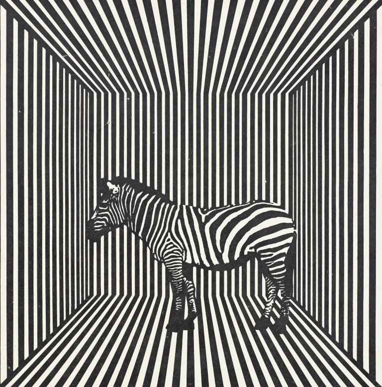 Auf diesem Bild ist das folgende Kunstwerk zu sehen: Timm Ulrichs. „Zebra-Streifen-Raum (Zoo-Environment)“. 1964/69.