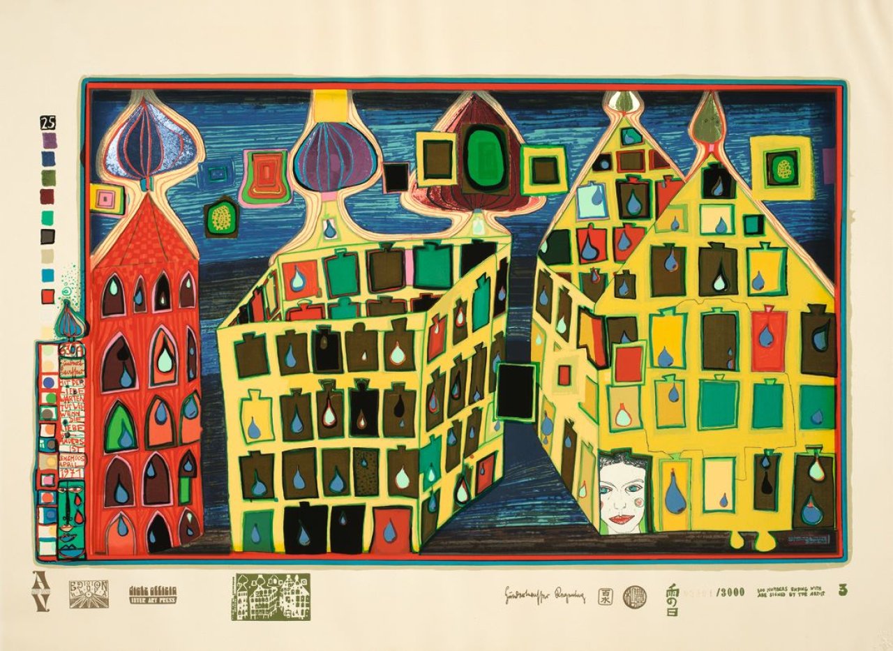 Auf diesem Bild ist das folgende Kunstwerk zu sehen: Friedensreich Hundertwasser. „Look at it on a rainy day“. 1971/72.