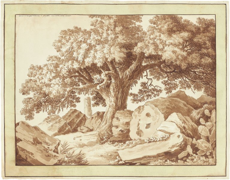 Auf diesem Bild ist das folgende Kunstwerk zu sehen: Jakob Philipp Hackert. „Ruines du Temple d'Hercule à Girgente“. 1777.