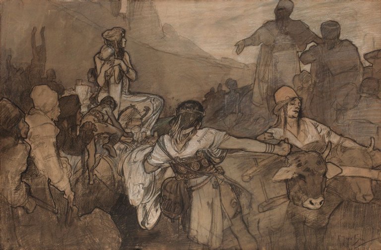 Auf diesem Bild ist das folgende Kunstwerk zu sehen: Alfons Mucha. Entwurf für Wandbilder im Pavillon von Bosnien-Herzegowina auf der Pariser Weltausstellung 1900. (Vor) 1900.