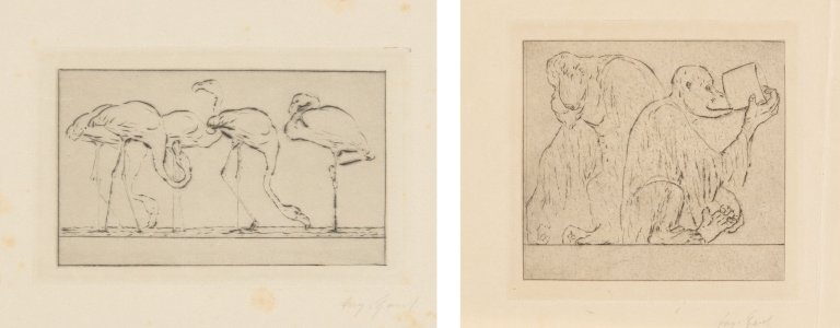 This picture shows the following artwork: August Gaul. „Trinkende Flamingos“ / Trinkende Affen. 1916.